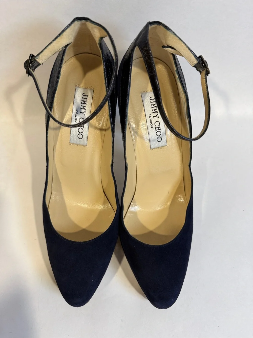 Jimmy Choo Navy Suede and Snake Pointed-Toe Ankle Strap Heels EU 39 US 9